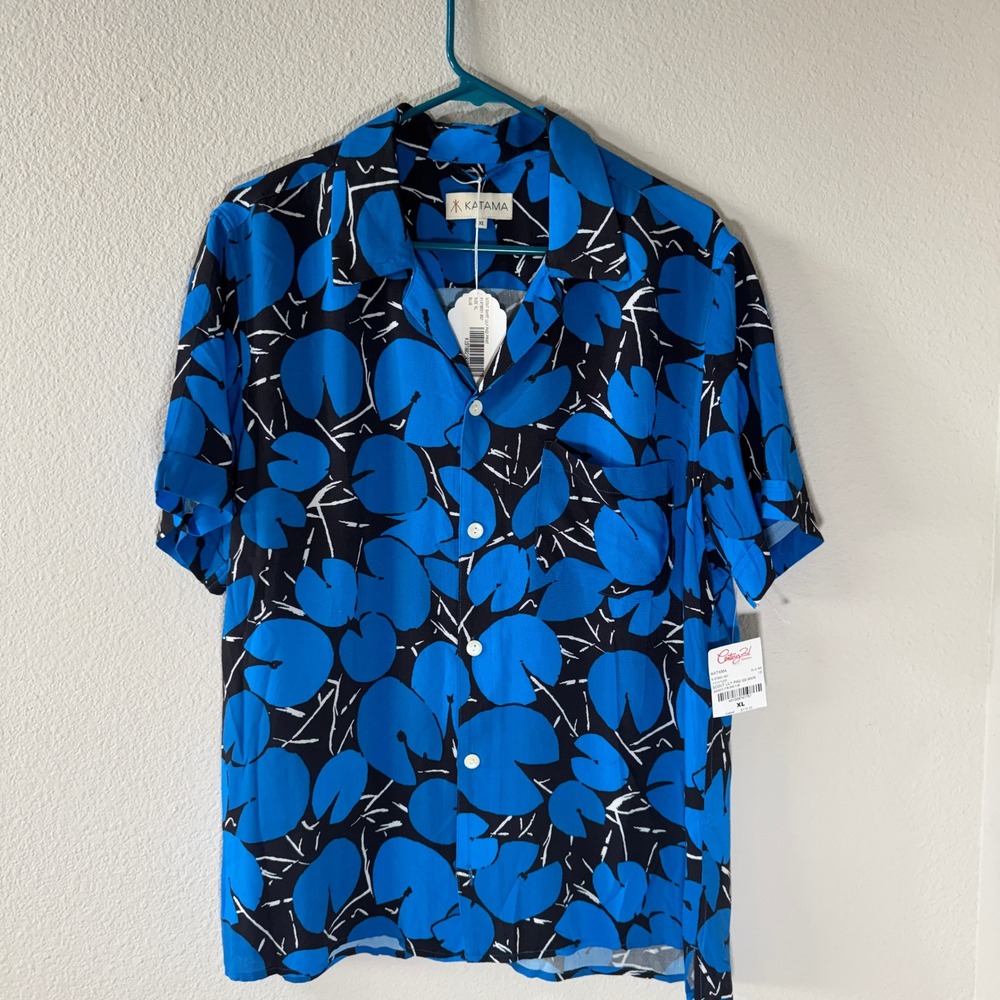Katama Swim Scout Shirt Lily Pad Print Bamboo Rayon Button Down XL NEW Tropical